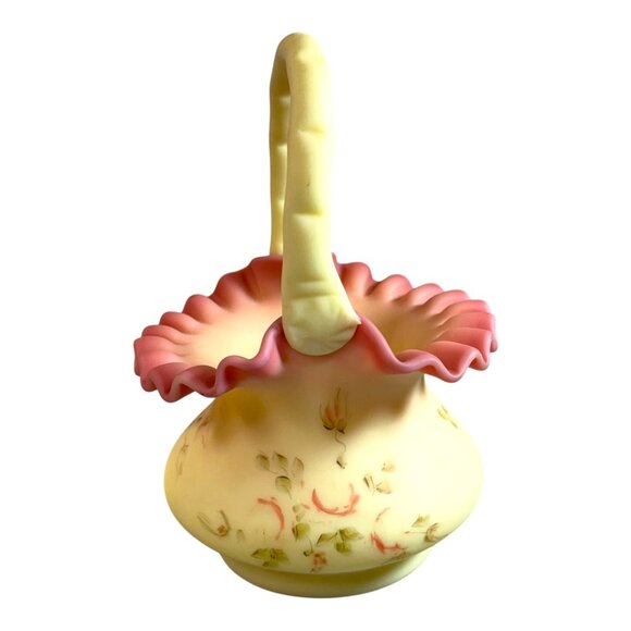 Fenton Hand-Painted Burmese Satin Glass Basket Ruffled Edge Floral Signed G Finn - Picture 7 of 9